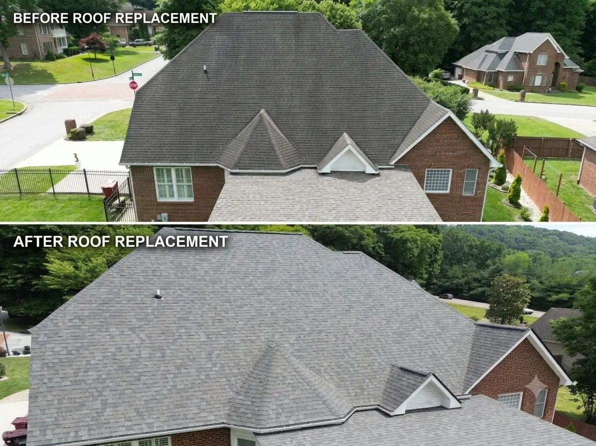 Before and after roof replacement on the same home: old stained shingles replaced with fresh architectural shingles